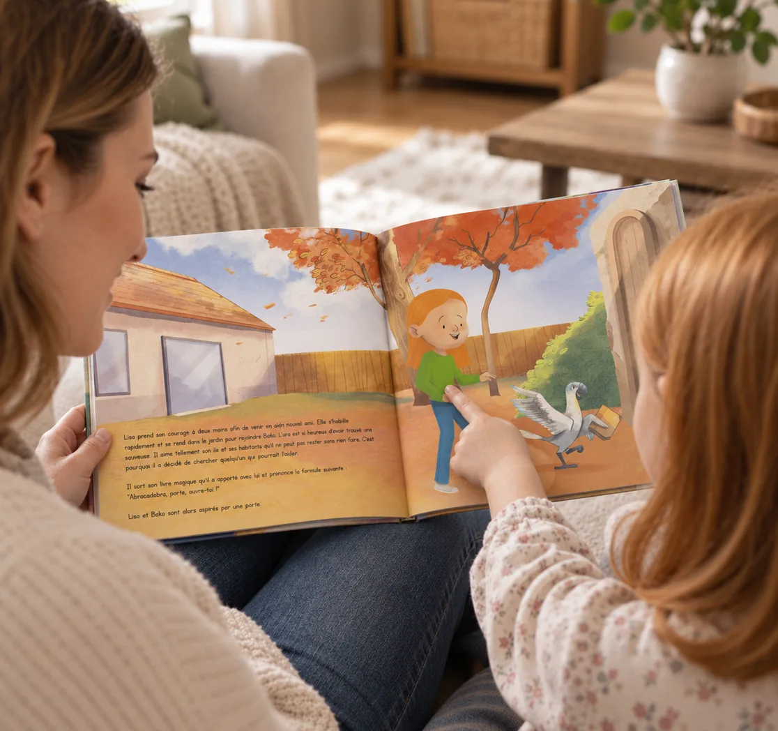 Una madre y su hija leen el libro juntas; la página muestra una heroína en silla de ruedas
