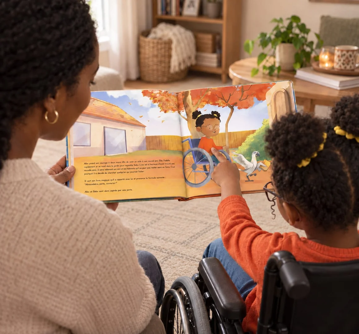 Una madre y su hija leen el libro juntas; la página muestra una heroína en silla de ruedas